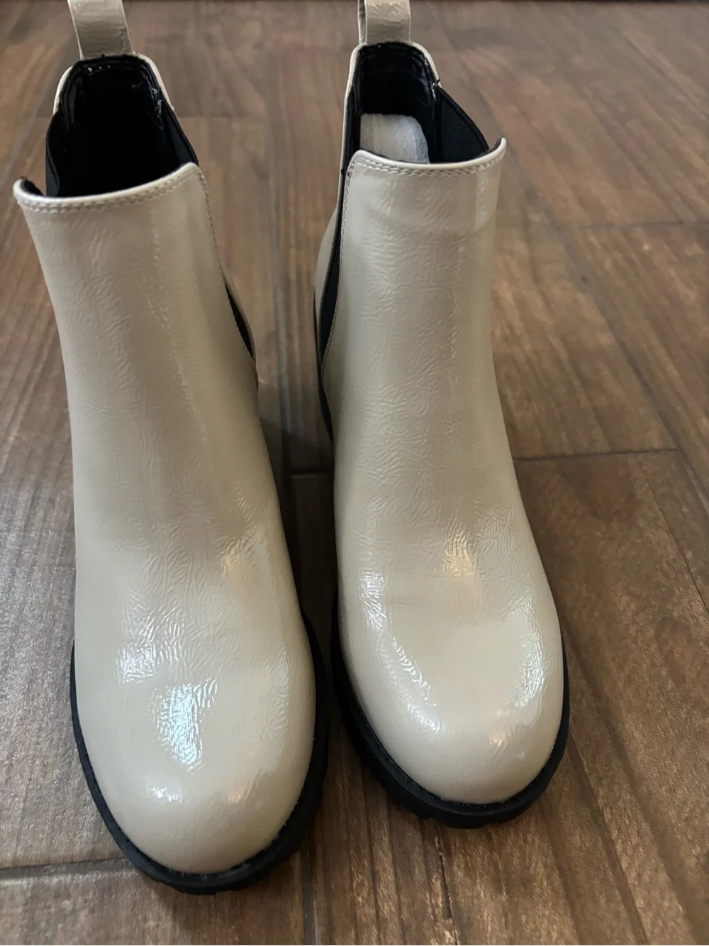 Dirty Laundry Cream Patent Chelsea Booties with Black Sole